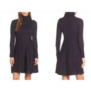 Eliza J Sweater Dress Womens M Blue Ribbed Knit Turtleneck Fit & Flare Preppy